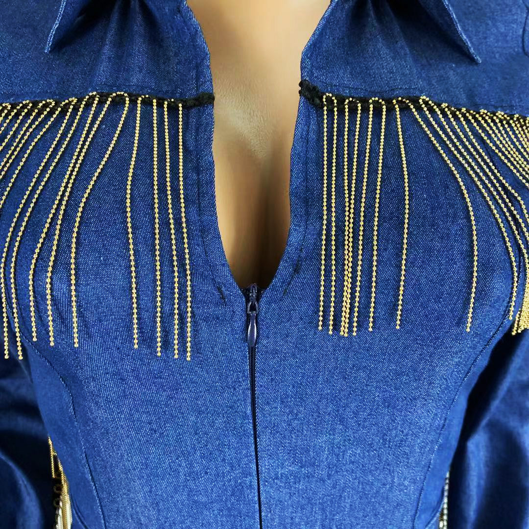 Denim fringed solid color jumpsuit (with belt)
