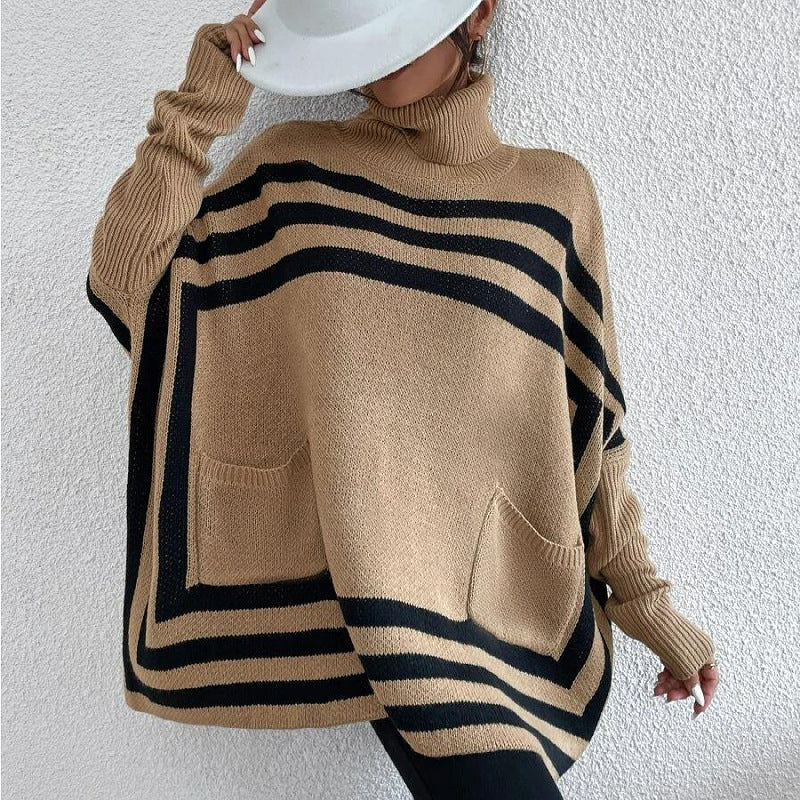 Turtleneck Striped Batwing Sleeve Cape And Shawl Sweater Coat