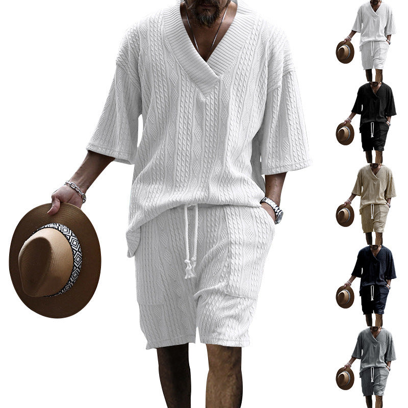 Men's Casual Loose Jacquard Knitwear Shorts Suit