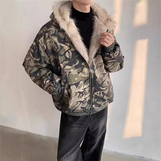 Retro Washed Camouflage Fur Collar Hood Jacket Thickened Coat