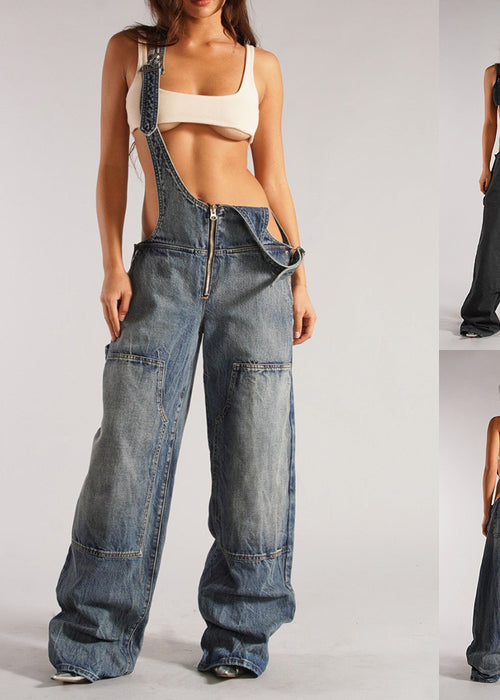 Y2K Denim Overalls With Pockets Fashion Loose Jumpsuit Streetwear Zipper Jeans Pants Womens Clothing