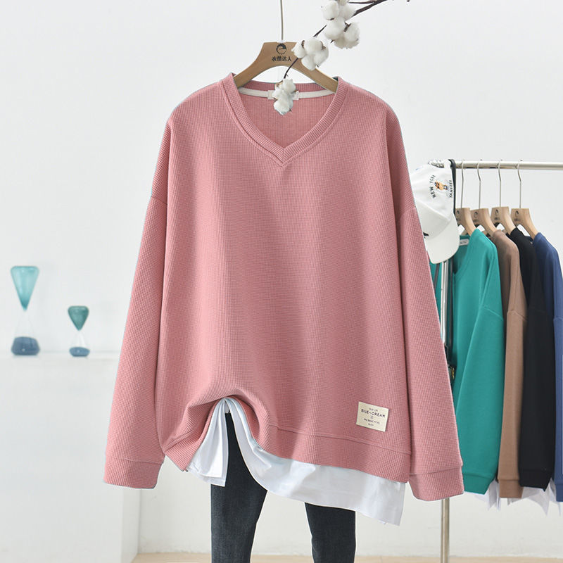 Waffle Stitching False Two-piece Sweaters Women's Autumn Loose Oversized Long Sleeves V-neck