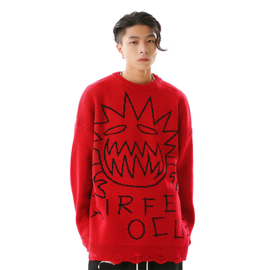 Crew Neck Sweater Men's Crochet Hole Pullover Sweater