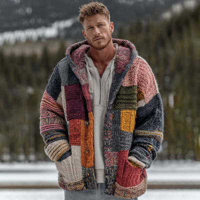 Printed Abstract Mid-Length Cape Jacket Casual Mens Cardigan
