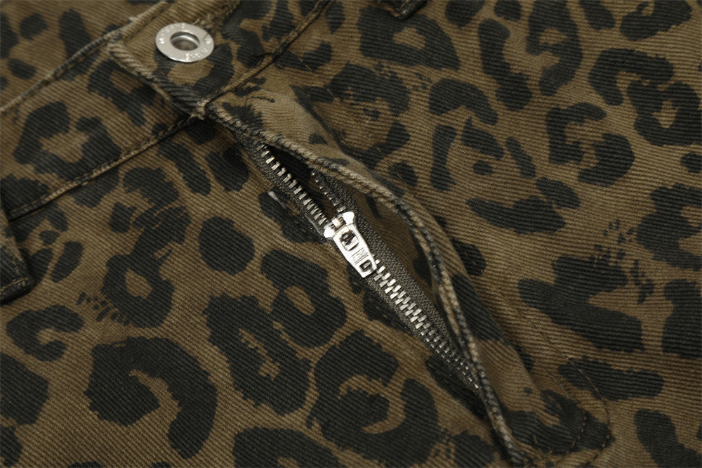 Leopard Print Denim Straight Five-point Pants Men