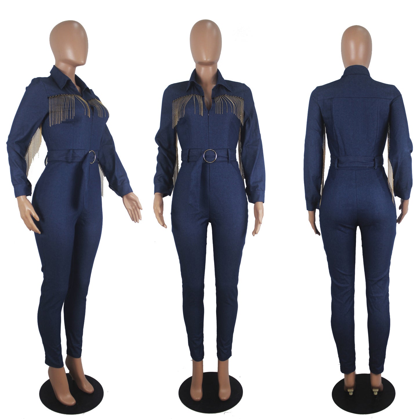 Denim fringed solid color jumpsuit (with belt)