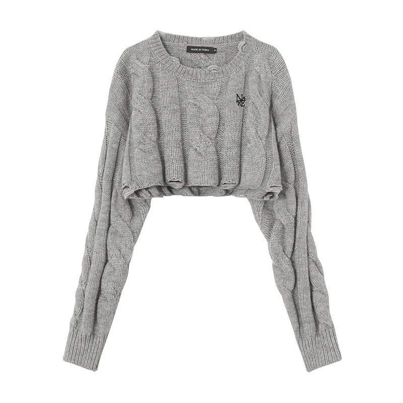 Short Long Sleeve Lazy Wind Pullover Knit Sweater Spice Girl Crew Neck Top Women