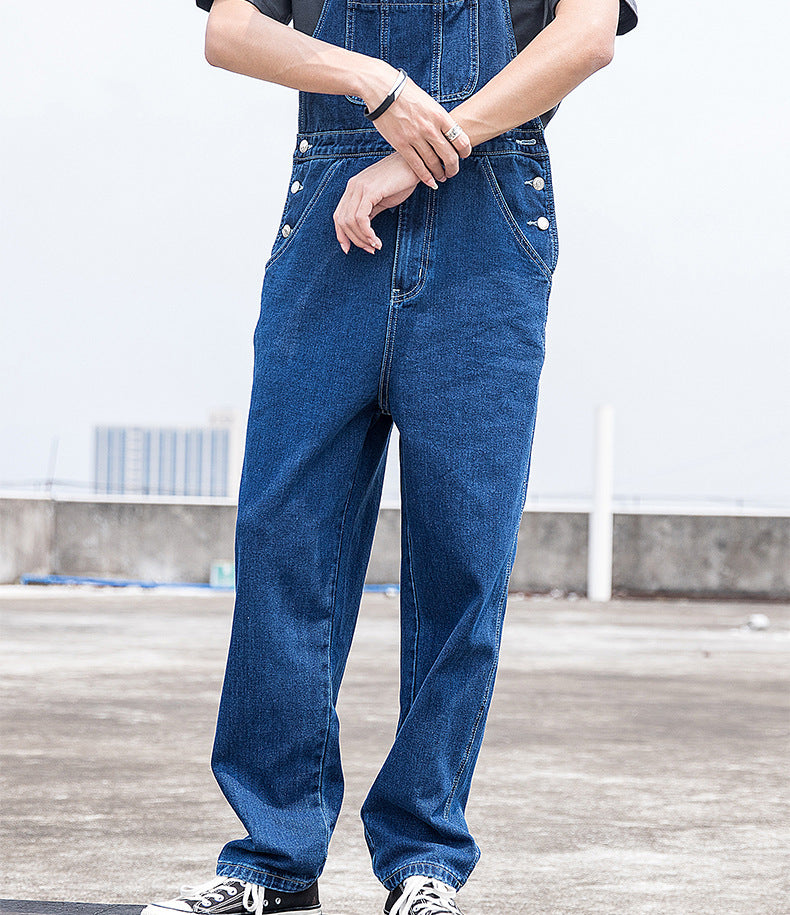 Blue Men's Suspender Pants Loose Straight No Gender Work Pants