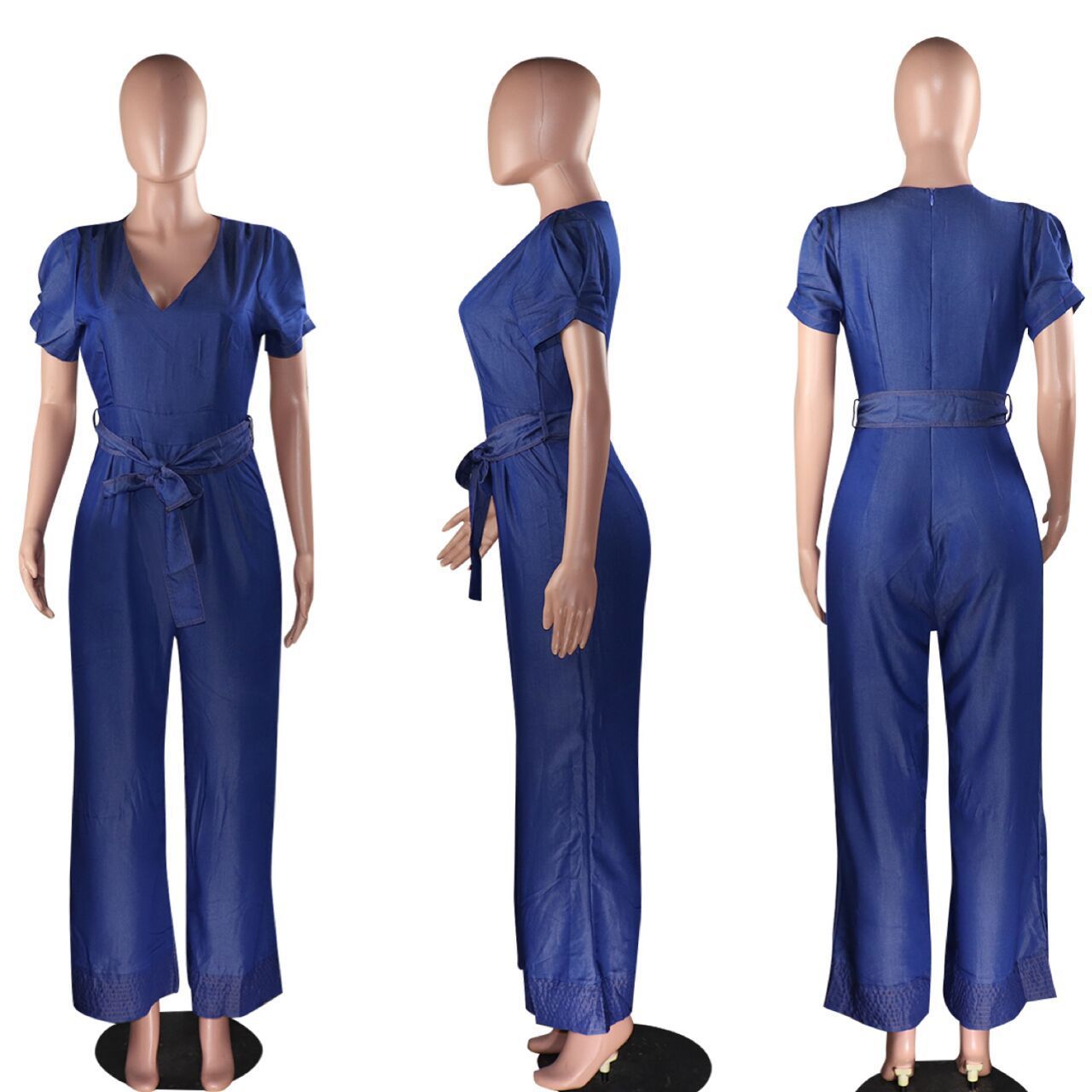 Wide-leg denim jumpsuit with belt