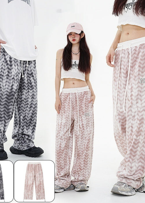 Diamond-shaped Corrugated Plaid Loose Casual Outdoor Contrast Color Drawstring Wide-leg Pants