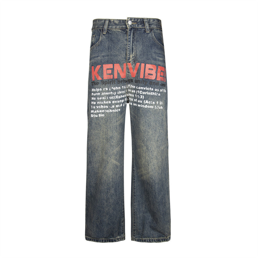 Letter Printing Wash Denim Trousers For Men