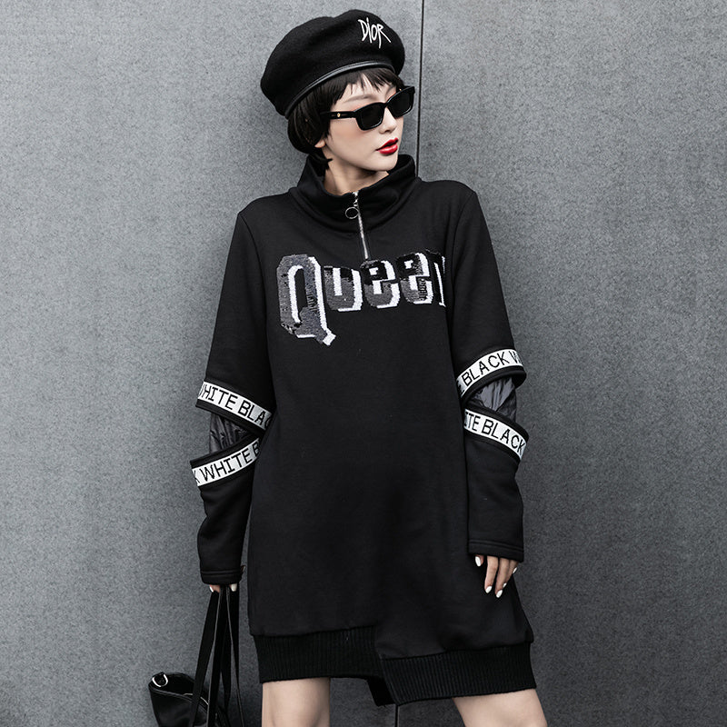 Street Style Long Asymmetrical Hem Printed Zipper Slim Sweater