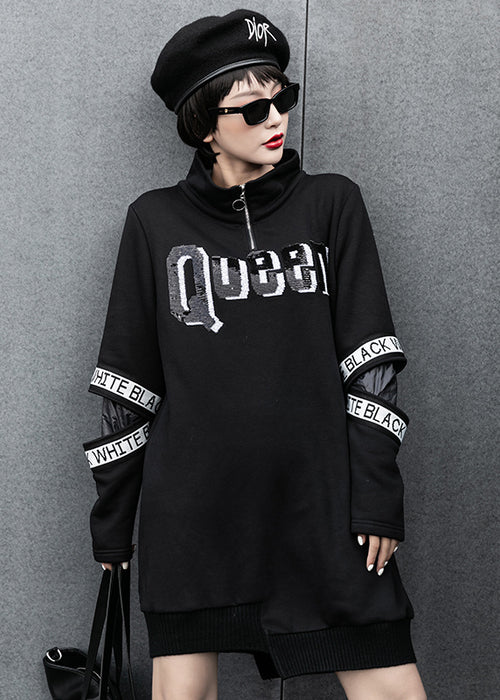 Street Style Long Asymmetrical Hem Printed Zipper Slim Sweater