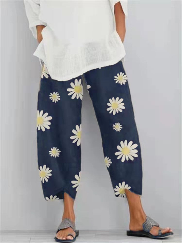 Women's Pants Daisy Printed Harem Pants Pocket Casual Pants