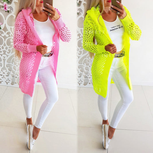 Women Solid Color Cardigan Long-Sleeved Hooded Hollow Knit Jacket