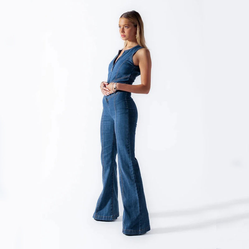 Summer Slim Heart-shape Backless Denim Jumpsuit Women Halter Neck Zip Up High Waist Panst Retro Style Clothing