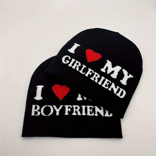 Set of 2 Coordinating Y2K Couple Beanies - Trendy Jacquard Knit Hats Featuring a Color Block Pattern - Comfortable Skull Caps Suitable for Both Women And Men - Ideal Gift Suggestion for Valentine'S Day