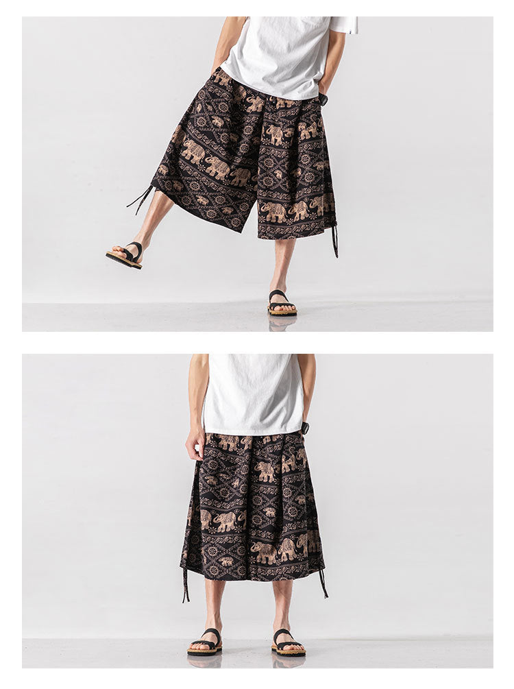 Men's Loose-fitting Chinese Style Elephant Flower Cropped Large Trunks Radish Beach Flower Pants