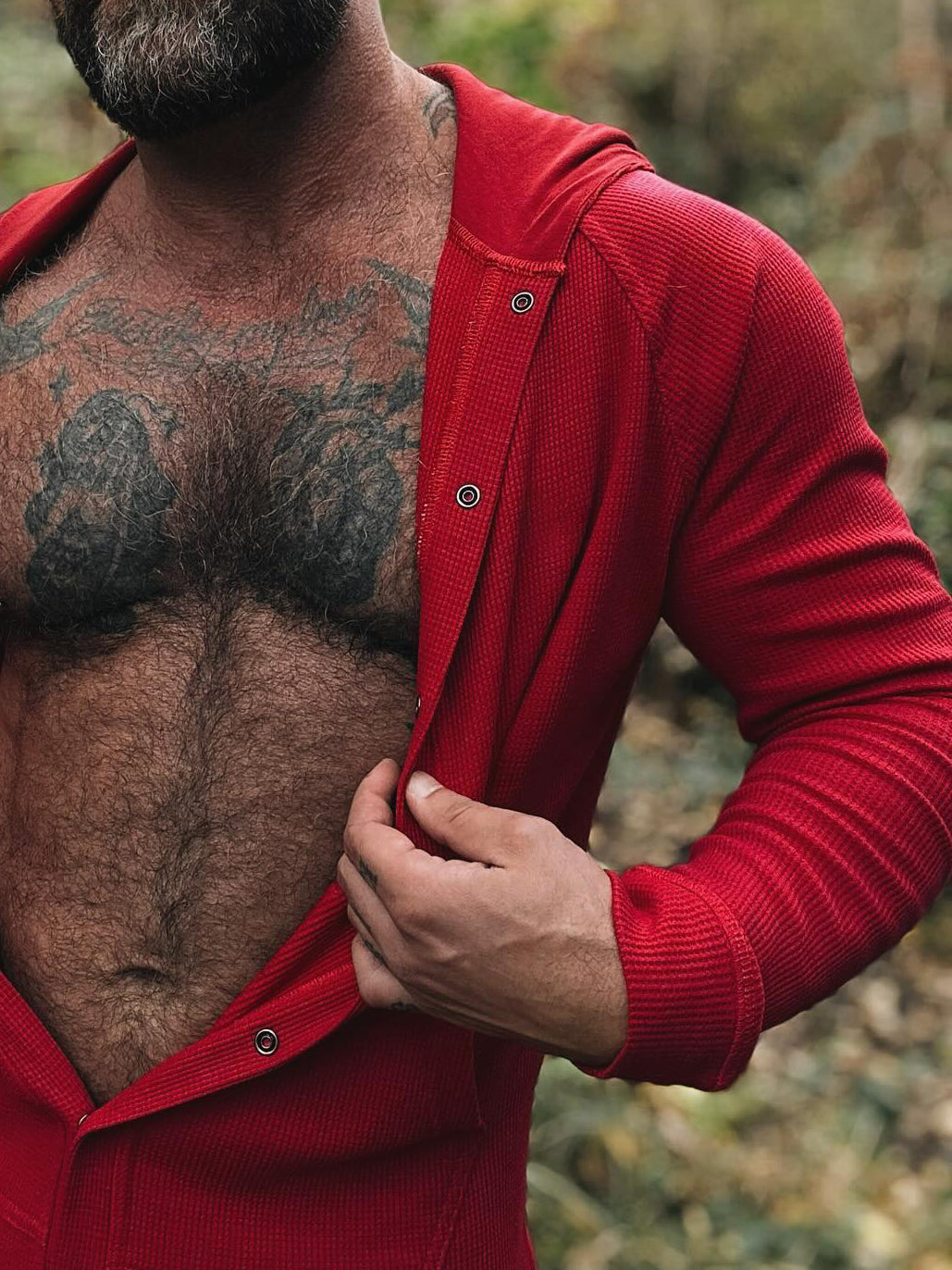 Red Hooded Button - Front Onesie