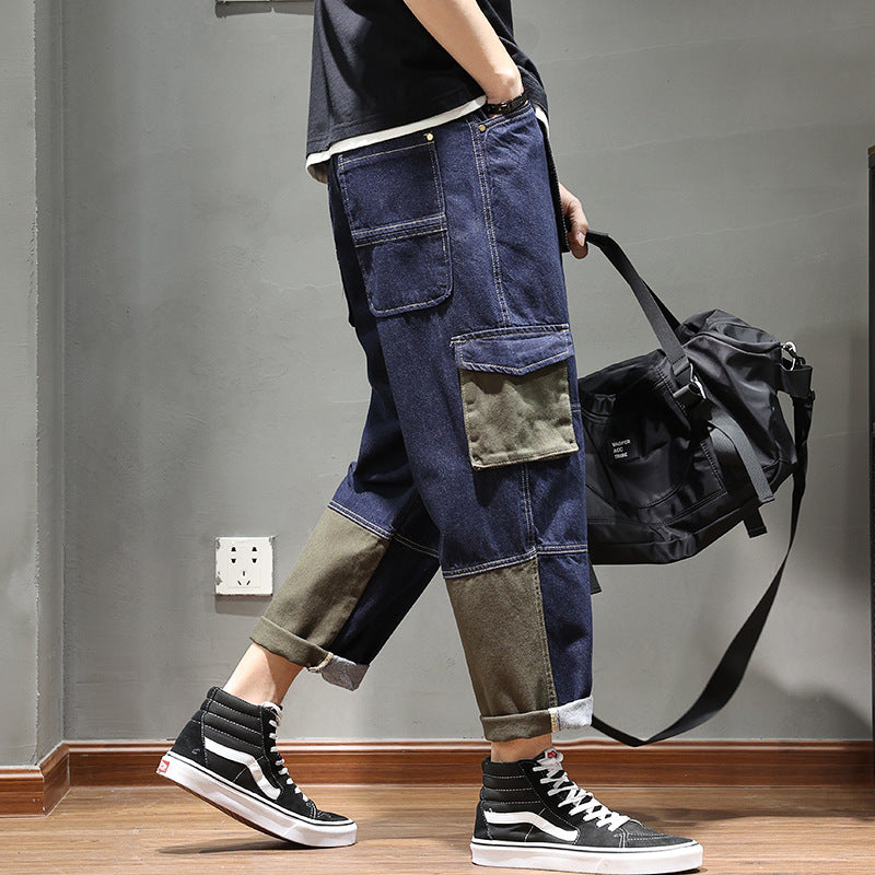 Pocket Color Matching Denim Loose Cargo Pants