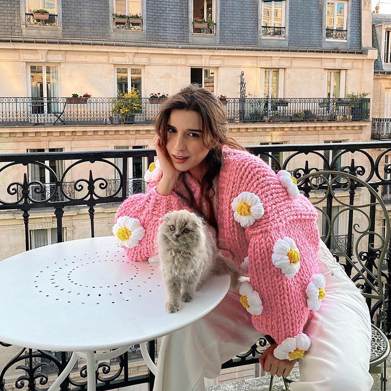 Round Neck Lantern Sleeve Knitted Cardigan Sweater