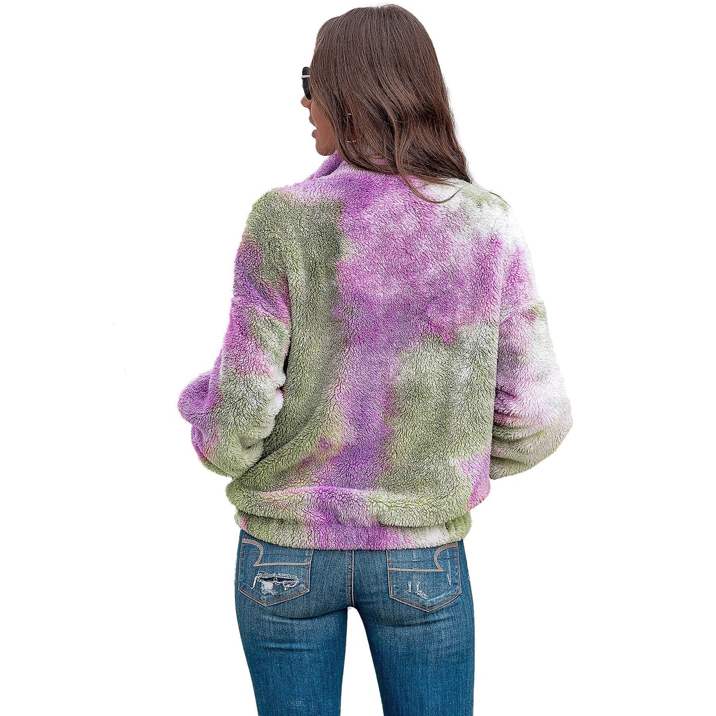 Ladies tie-dye plush coat with zipper top