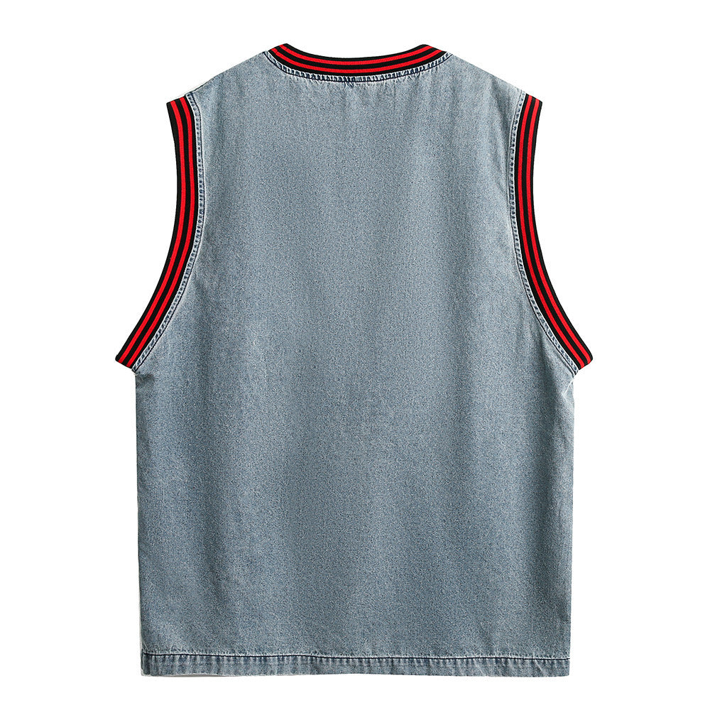 Letter Towel Embroidery Denim Vest Men