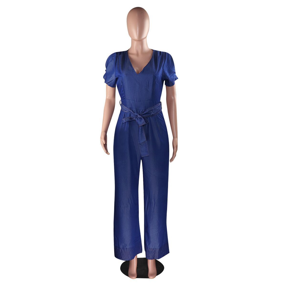 Wide-leg denim jumpsuit with belt