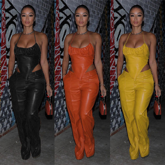 Women's Sexy Skinny PU Leather Pants Suit With Waist