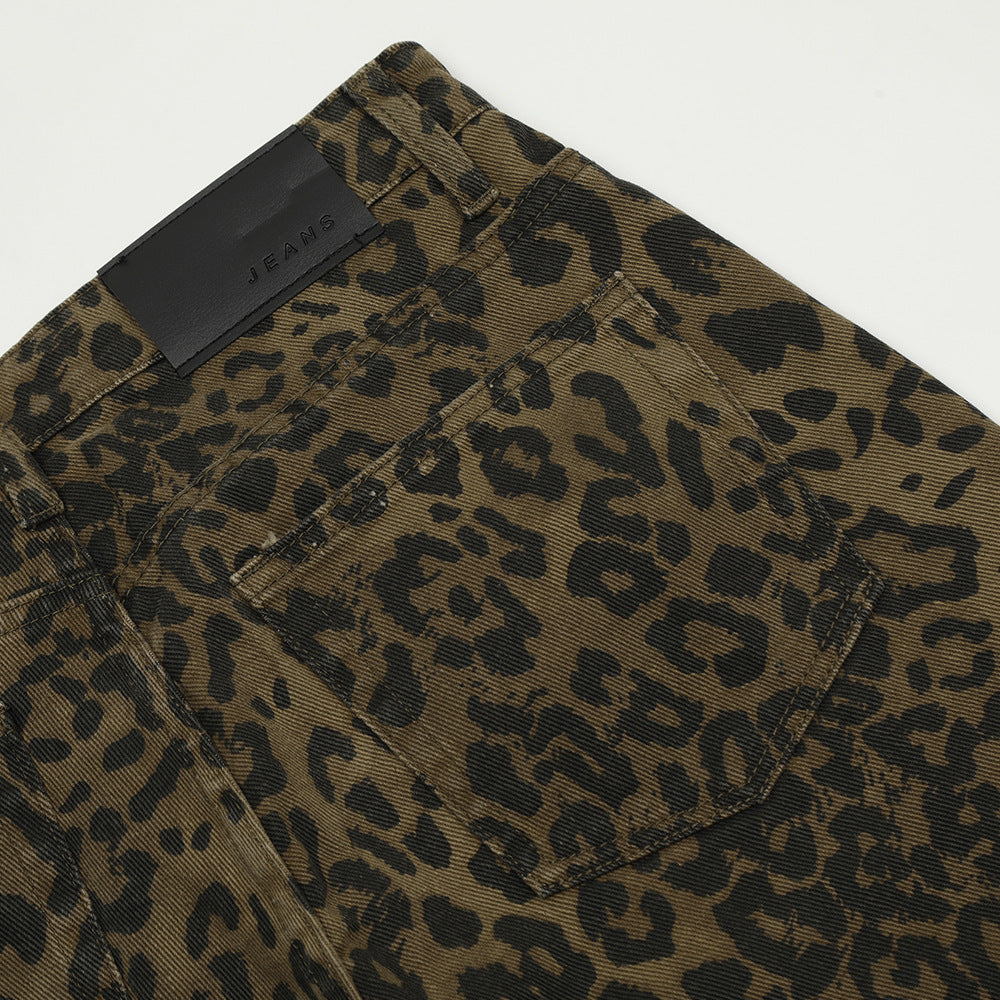 Leopard Print Denim Straight Five-point Pants Men