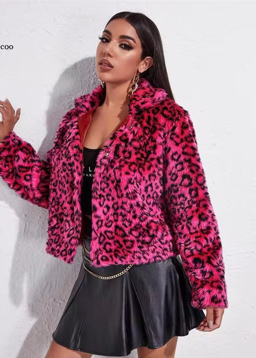 Winter New Faux Fur Women'S Coat Leopard Print Women Jacket Turn down Collar Slim Women'S Outerwear 4Xl