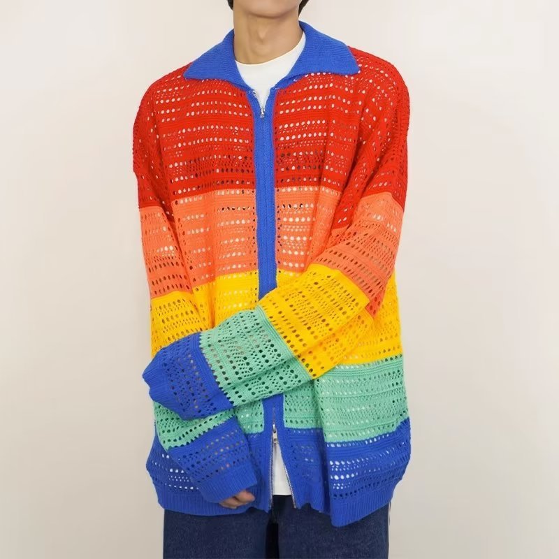 Colorful Striped Hollow Fashion Brand Casual All-matching Hip Hop Lapel Cotton Knitwear