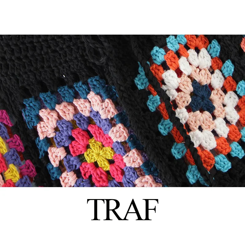 TRAF Woman Clothes Pants Handmade Crochet Sexy Hollow Out Black Crochet Square Motif 4 Season Women Special Women's Pants