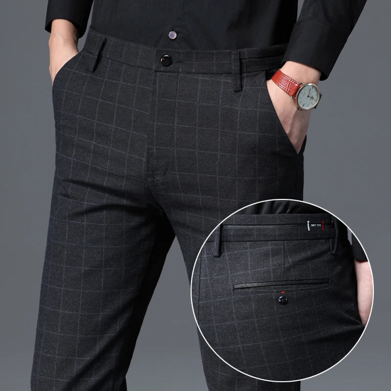 2025 Autumn New Men's Slim Plaid Casual Pants Fashion Soft Stretch Business Work Trousers Gentleman Brand Clothes Black Blue