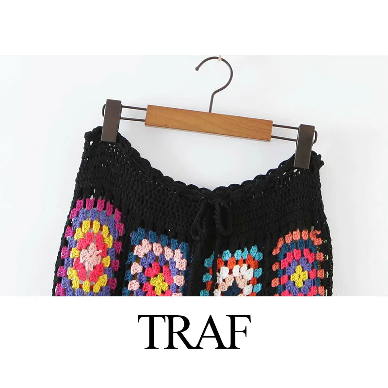 TRAF Woman Clothes Pants Handmade Crochet Sexy Hollow Out Black Crochet Square Motif 4 Season Women Special Women's Pants