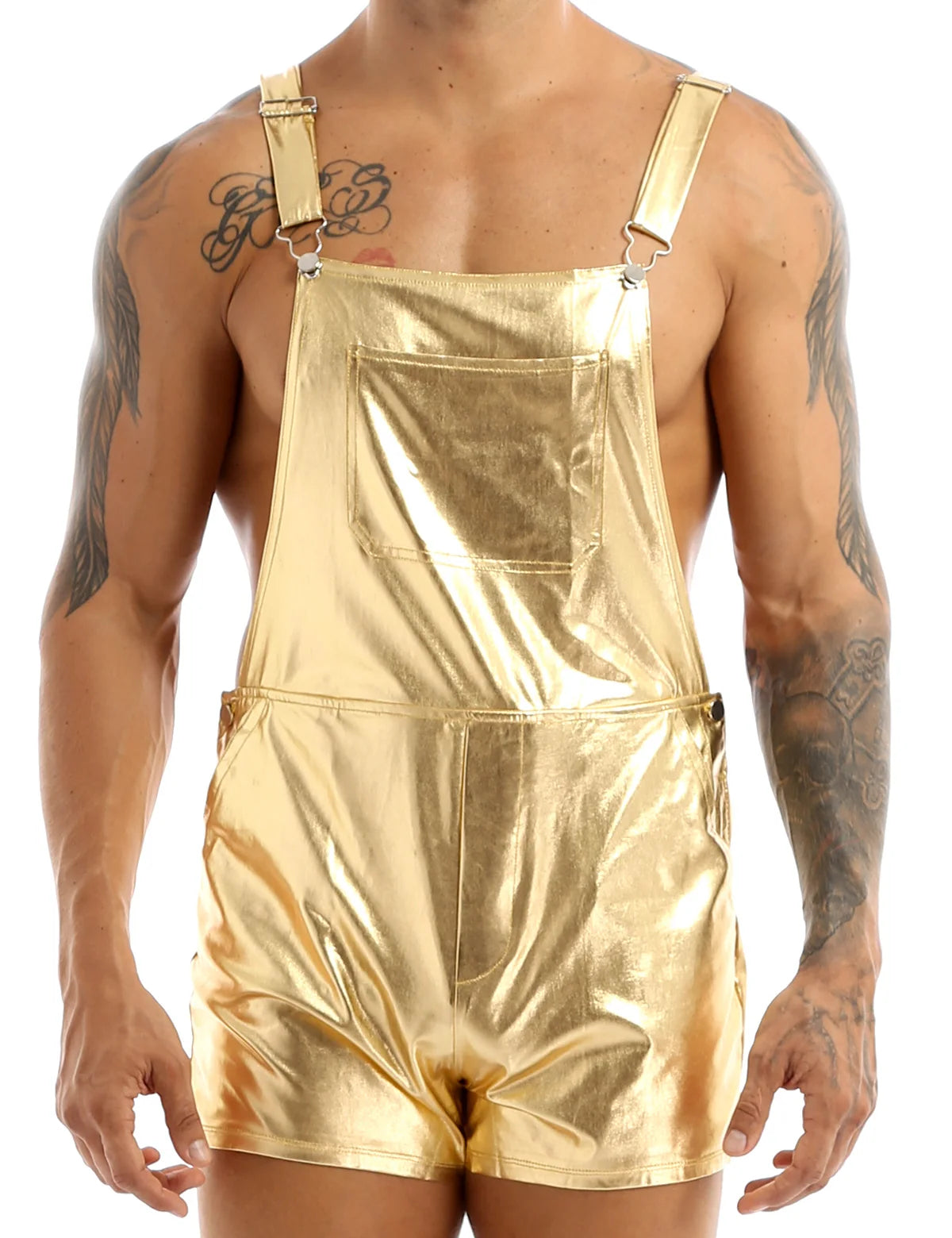 Mens Shiny Metallic Bib Overall Suspender Shorts Jazz Hip Hop Leotard Dance Costumes Shoulder Straps Jumpsuit Suspender Romper