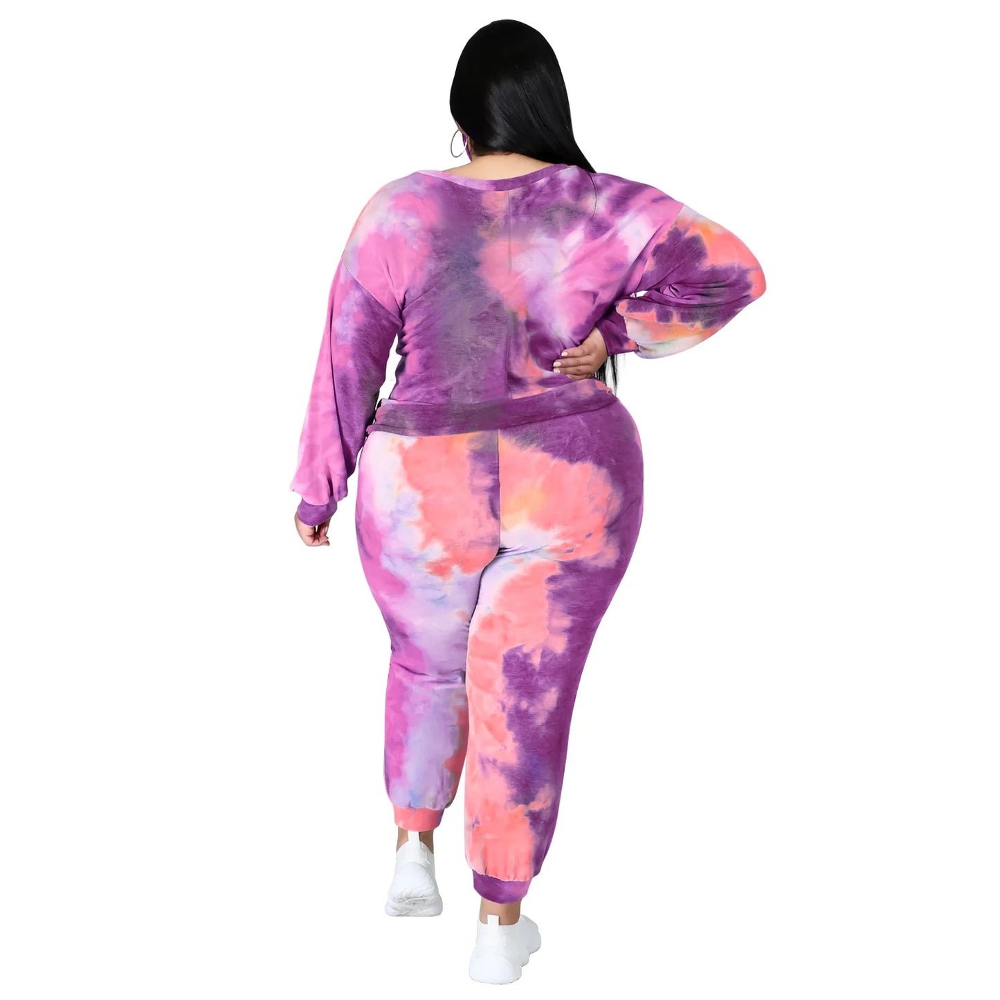 Women&#39;s Clothing Plus Size Sets 2021 Autumn Urban Three-Piece O-Neck Sweater Tie-Dye Fashion Tie Long Sleeve Loose Leisure Suit