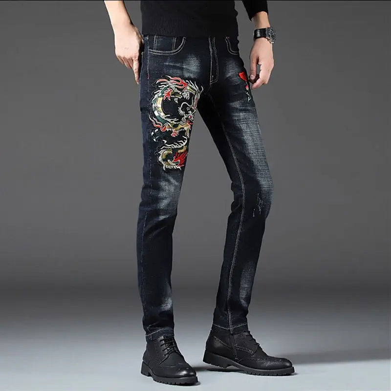 Fashion men's 2020 long pants printing spring and summer embroidery flower jeans men's slim feet men's casual jeans