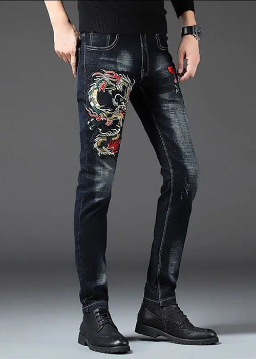 Fashion men's 2020 long pants printing spring and summer embroidery flower jeans men's slim feet men's casual jeans