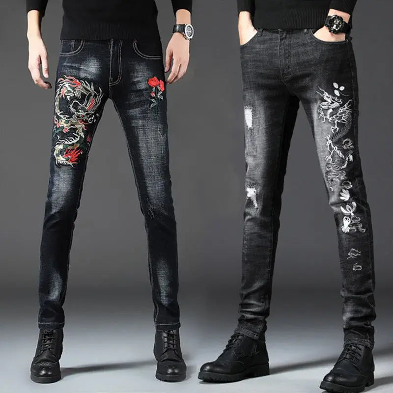 Fashion men's 2020 long pants printing spring and summer embroidery flower jeans men's slim feet men's casual jeans