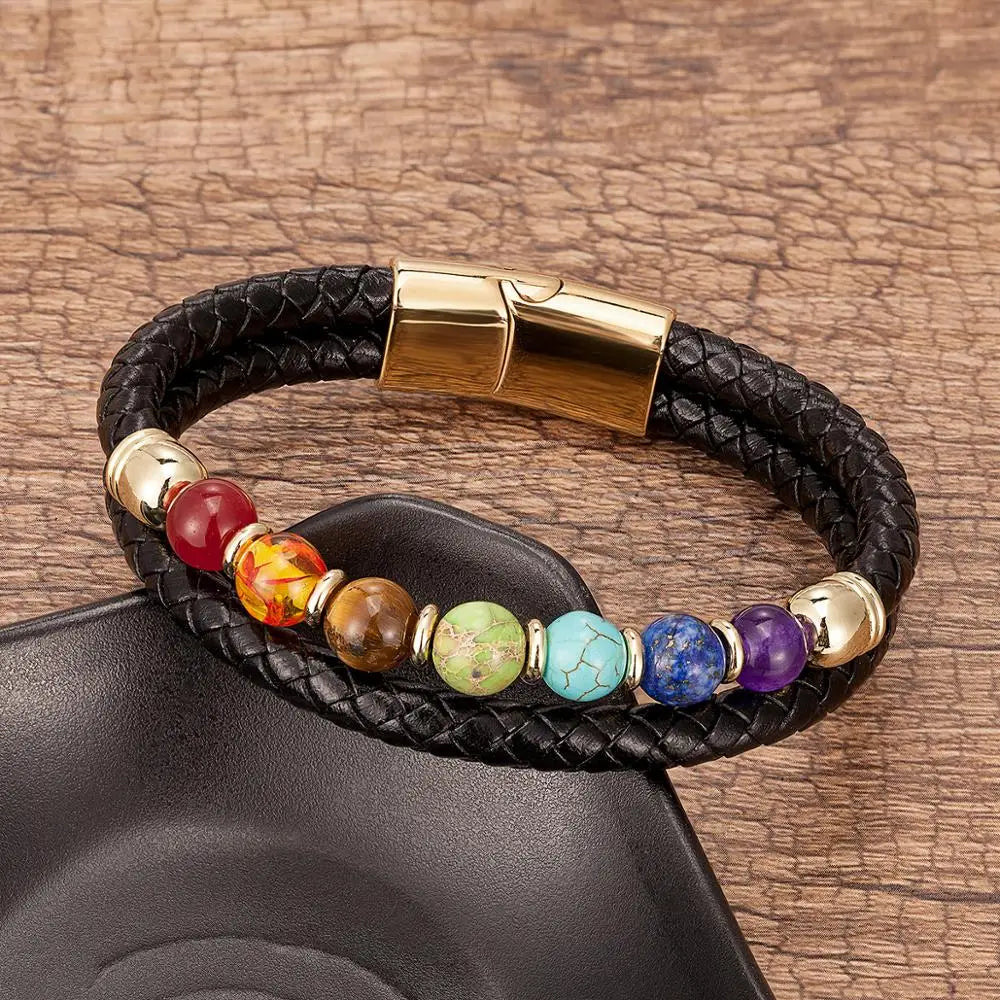 Chakra Bracelet For Women Men Natural Stone Beads Genuine Leather Bracelets Stainless Steel Men's Jewelry Christmas Gift