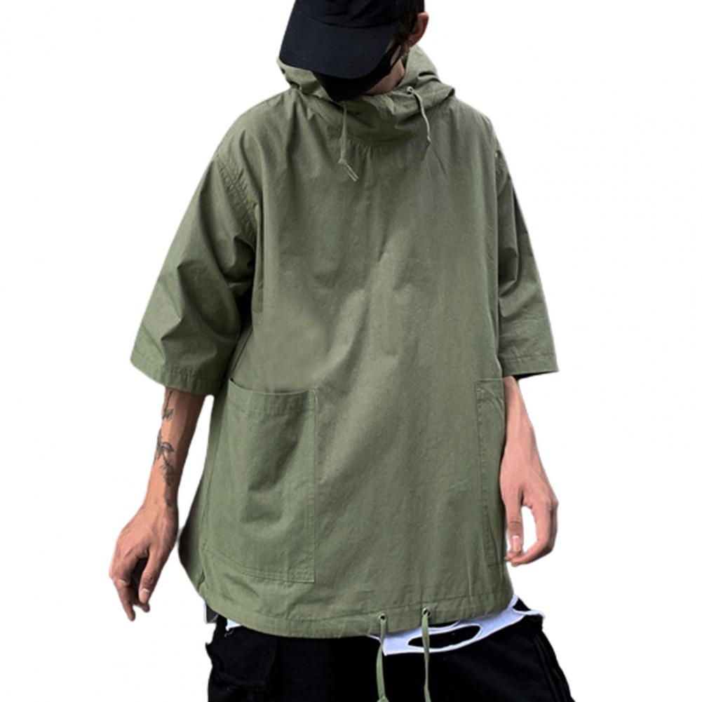 New Men's Pullover Hooded Half Sleeve Top Soft Big Pocket Loose T-shirt for Everyday