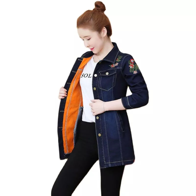 Winter New Style Cowgirl Jacket Embroidered Flowers Add  Velvet Thickening Women's Denim Jacket Single-Breasted Slim Trench Coat