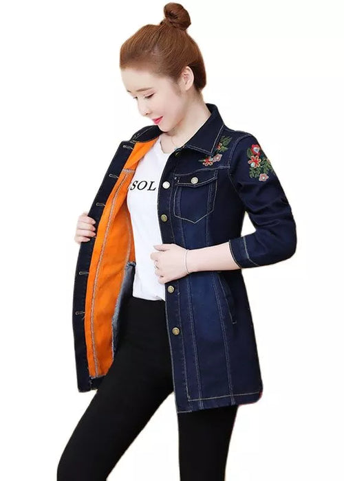 Winter New Style Cowgirl Jacket Embroidered Flowers Add  Velvet Thickening Women's Denim Jacket Single-Breasted Slim Trench Coat