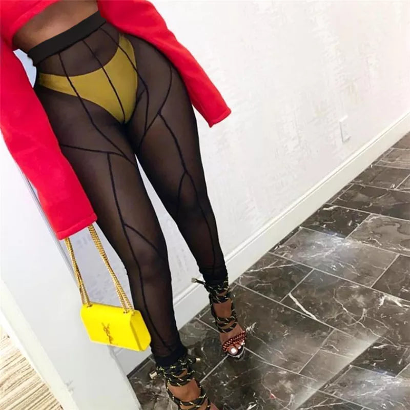 Mesh See Through women's pants vetement femme 2021 High Waist Patchwork Sheer Leggings Body-shaping Baddie Style Skinny Trousers