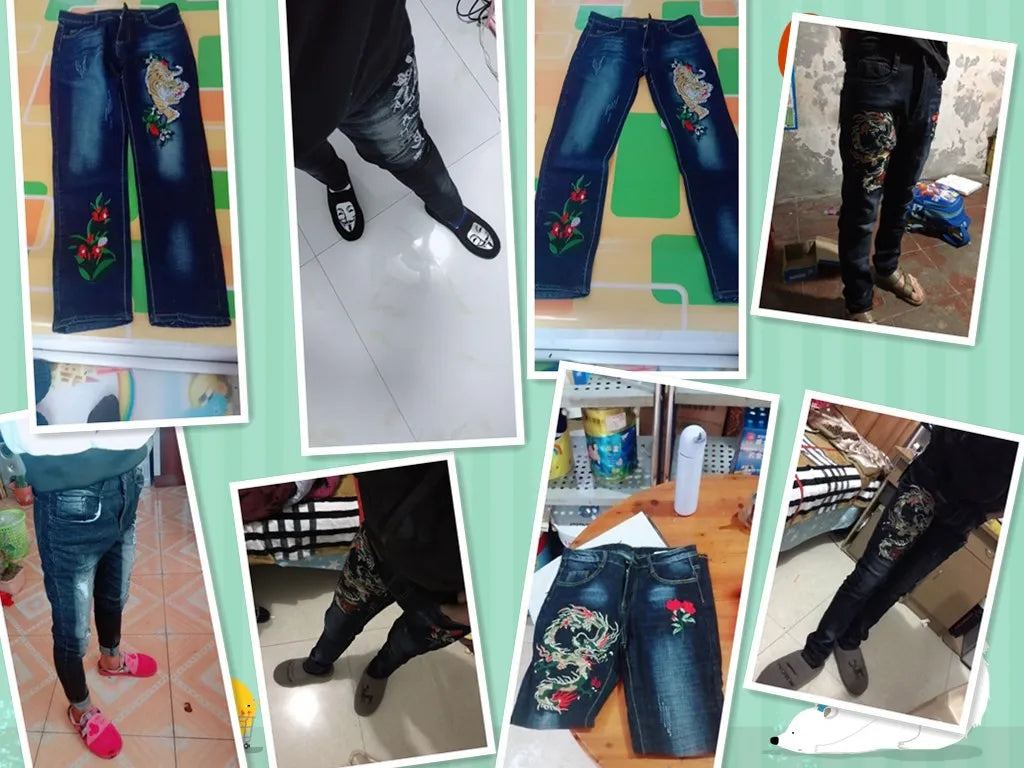 Fashion men's 2020 long pants printing spring and summer embroidery flower jeans men's slim feet men's casual jeans