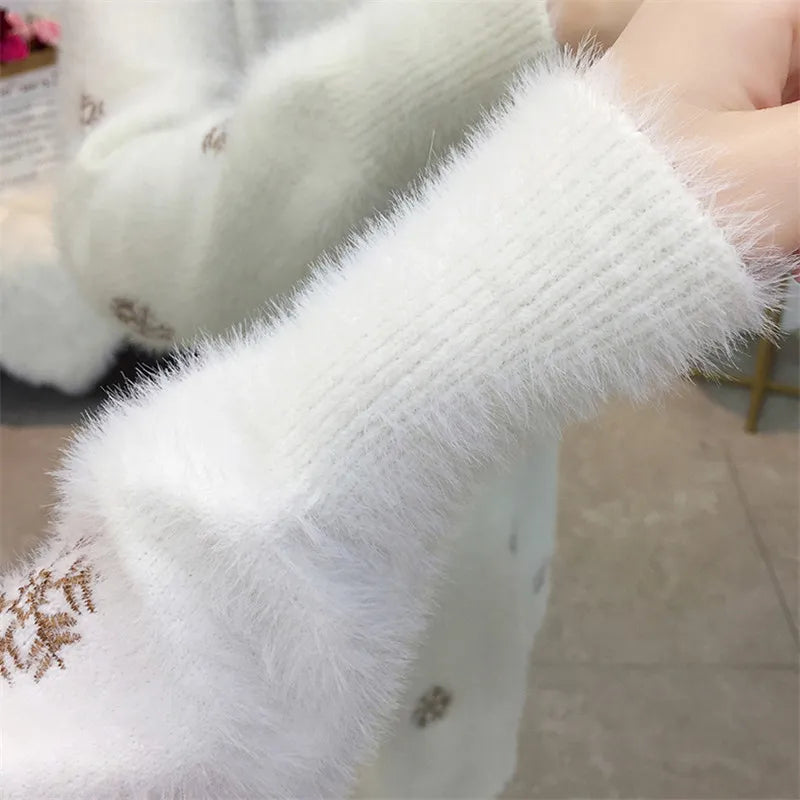 Women Knit Sweater Pullover New Fashion Imitation Mink Cashmere Loose Femmes Top White Dress Half Turtleneck Sweater Jumper