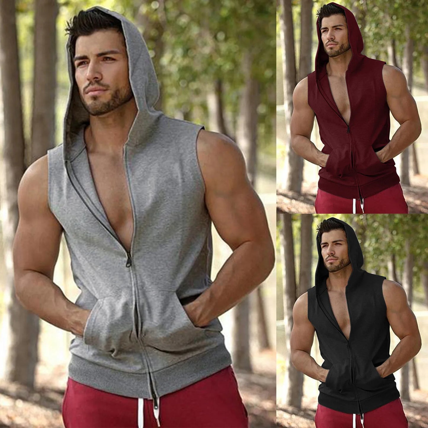 Men's Casual Fitness Hooded Double Zipper Tank Tops Bodybuilding Gym Clothing Men Fitness Muscle Sleeveless Vest Top Ropa Hombre