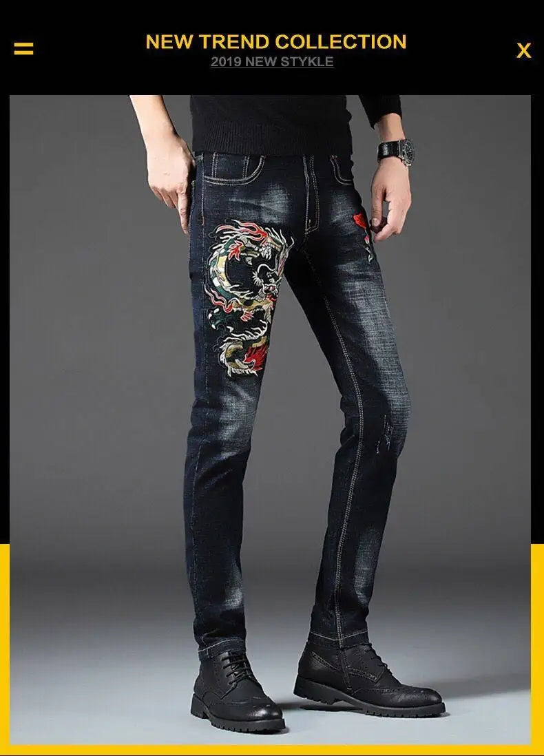 Fashion men's 2020 long pants printing spring and summer embroidery flower jeans men's slim feet men's casual jeans