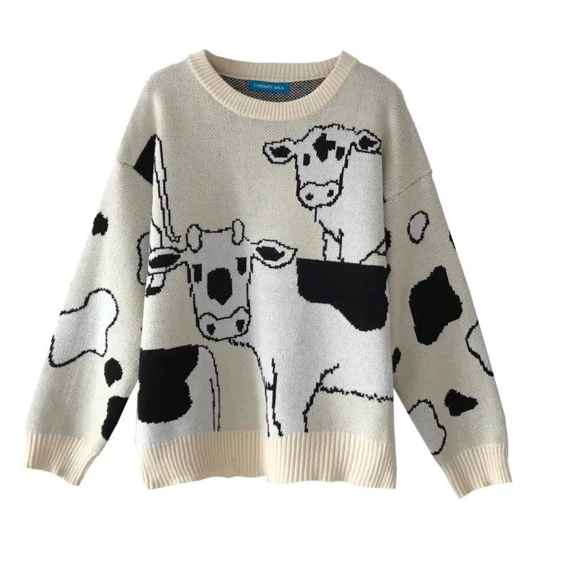 Vintage Casual Loose Lazy Cow Sweater Female Korean Harajuku Women's Sweaters Japanese Kawaii Cute Ulzzang Clothing For Women